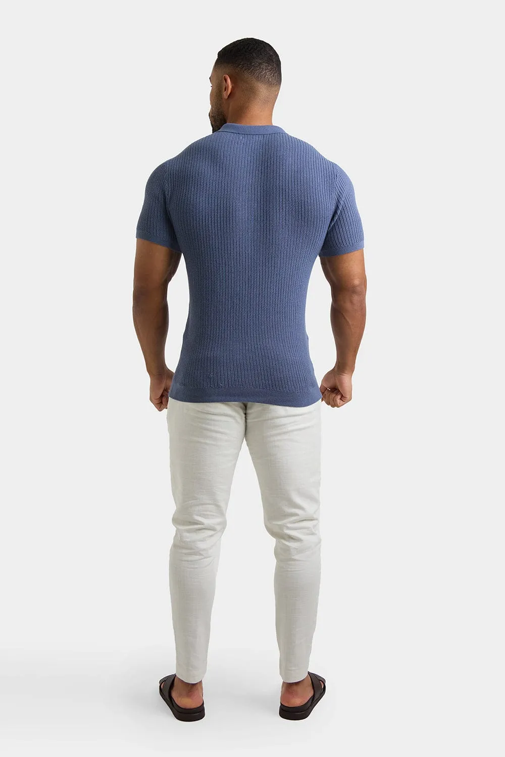 Textured Open Collar Knit Polo in Slate Blue