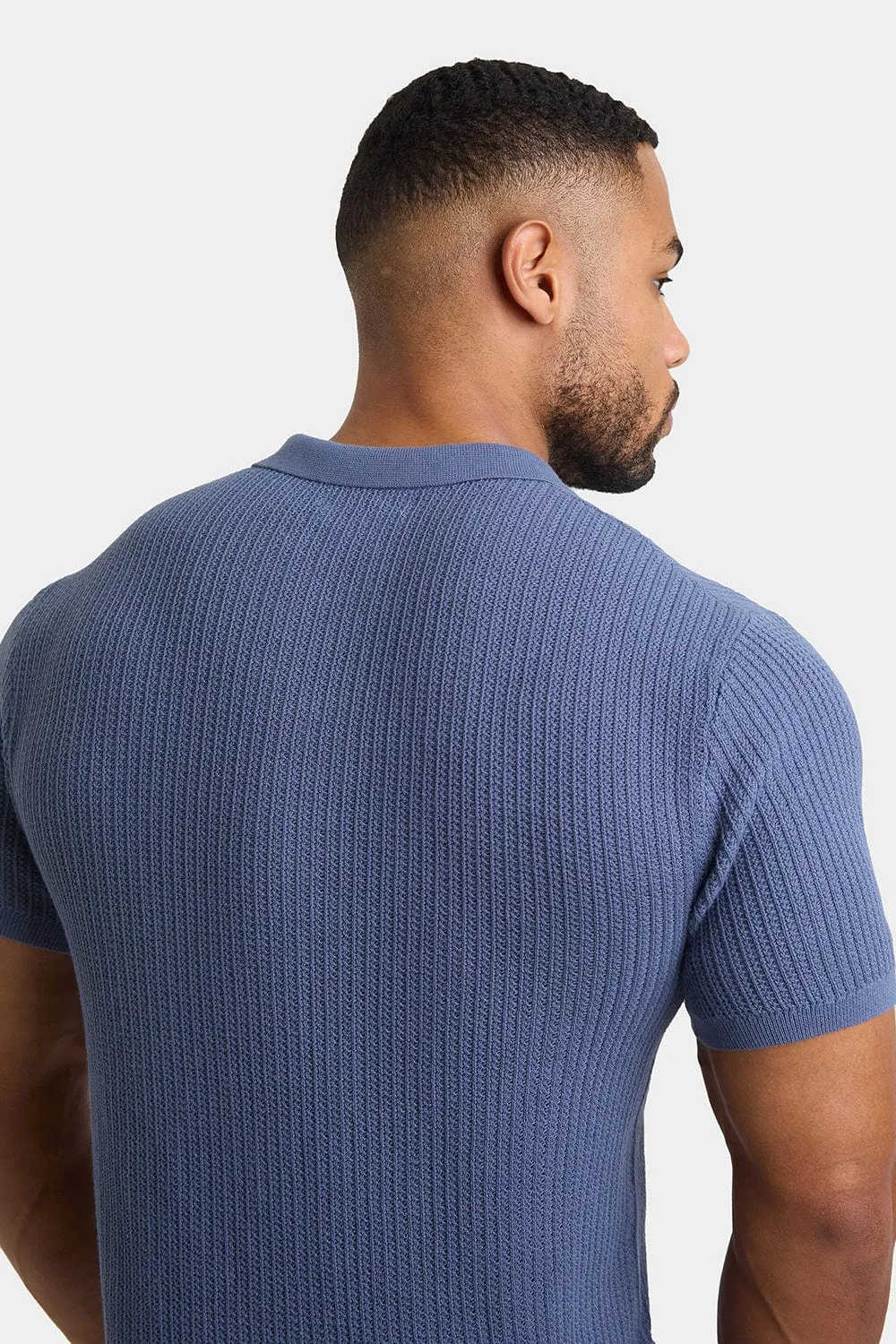 Textured Open Collar Knit Polo in Slate Blue
