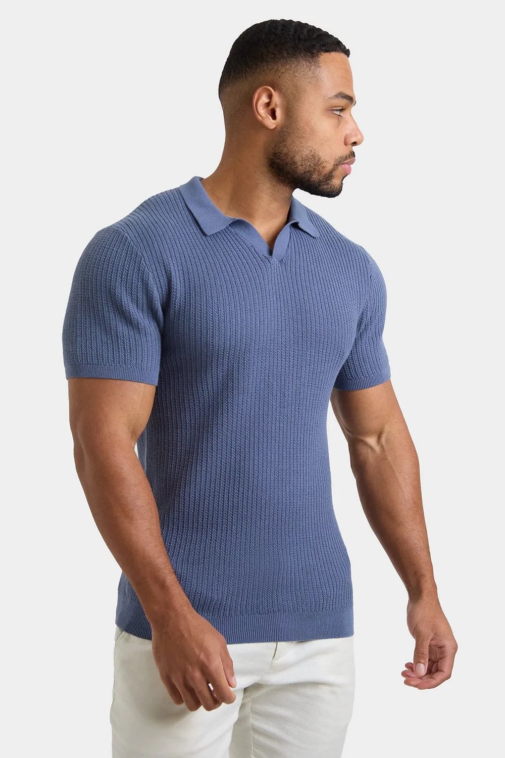 Textured Open Collar Knit Polo in Slate Blue