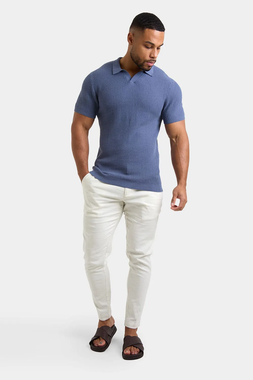 Textured Open Collar Knit Polo in Slate Blue